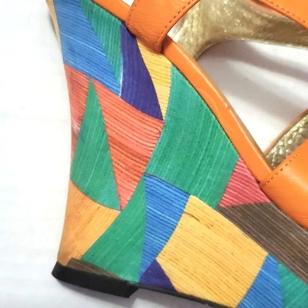 Adrianna Papell Colorful Artsy Orange Geometric Leather Platform Sandals 8M